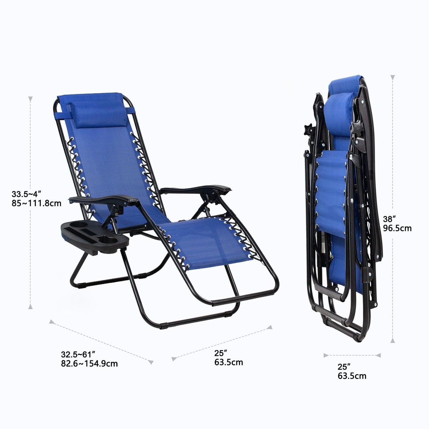 Nazhura Set of 2 Relaxing Recliners Patio Chairs Adjustable Steel Mesh Zero Gravity Lounge Chair Beach Chairs with Pillow and Cup Holder (Blue)