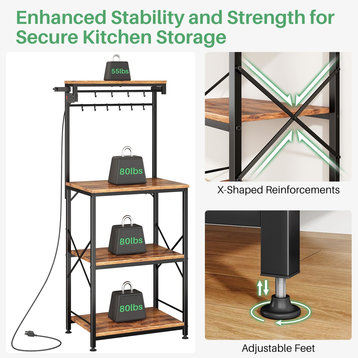 Kitchen Bakers Rack with Power Outlet 10 Hooks, 4 Tiers Coffee Bar Station Cabinet, Microwave Stand with Storage (Rustic Brown, 21.7 x 14.2 x 49.6 Inch)