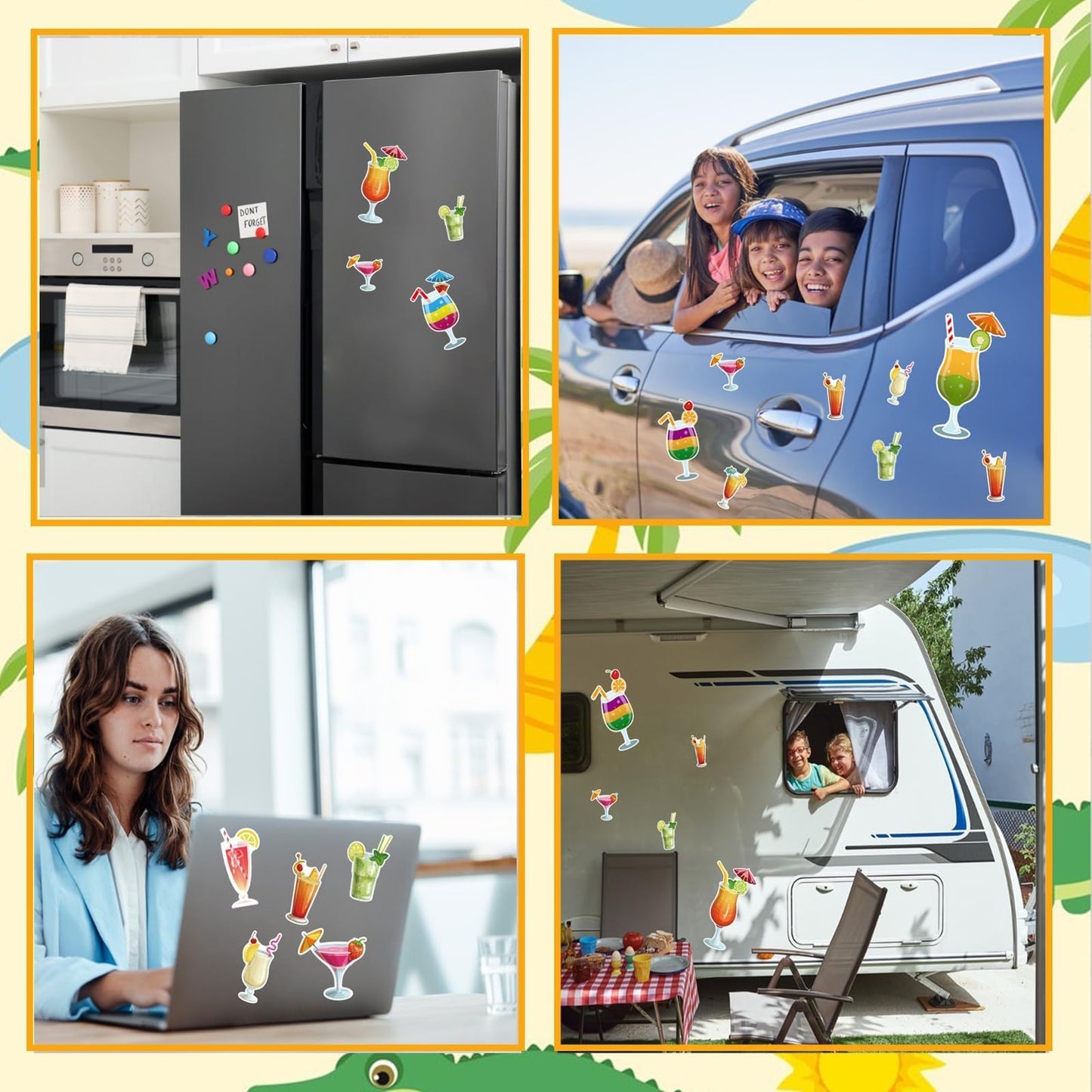 10 Pcs Cruise Door Magnets with 3 Pcs Paint Pen Summer Fruit Drink Cocktail Magnet Tropical Door Decorations Party Car Cabin Refrigerator