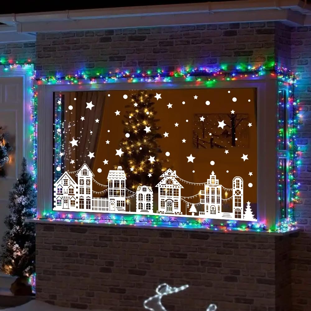 Vellibring 72" Christmas Window Clings - Winter House Decals, Simple Style Reusable Non-Adhesive Street Scene Border Stickers for Home, Cafe, Mall Glass Door, Christmas Decor