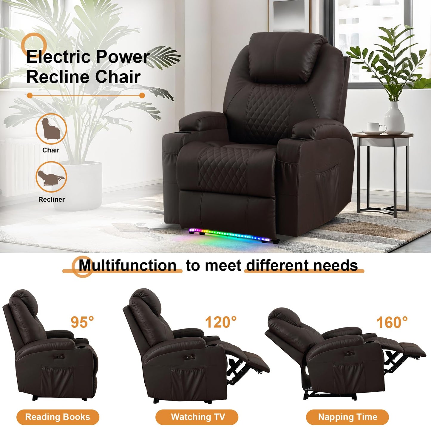 AHMED Power Recliner Chair with Vibration Massage & Heat for Adults, Faux Leather Home Theater Seating with Cup Holders/LED Lights/USB Ports/Side Pockets for Living Room (Brown, Single)