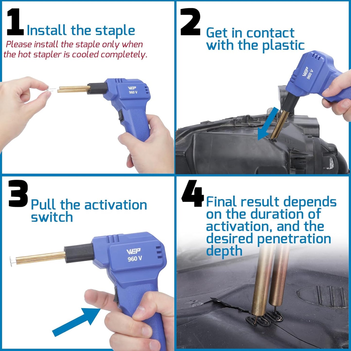 WEP 960-V Plastic Welder Kit 110V with LED Lights with 200 Hot Staples and Pliers for Car Bumper Plastic Welding, Plastic Gas Tank Repair, a Great Automotive Tools for Mechanics