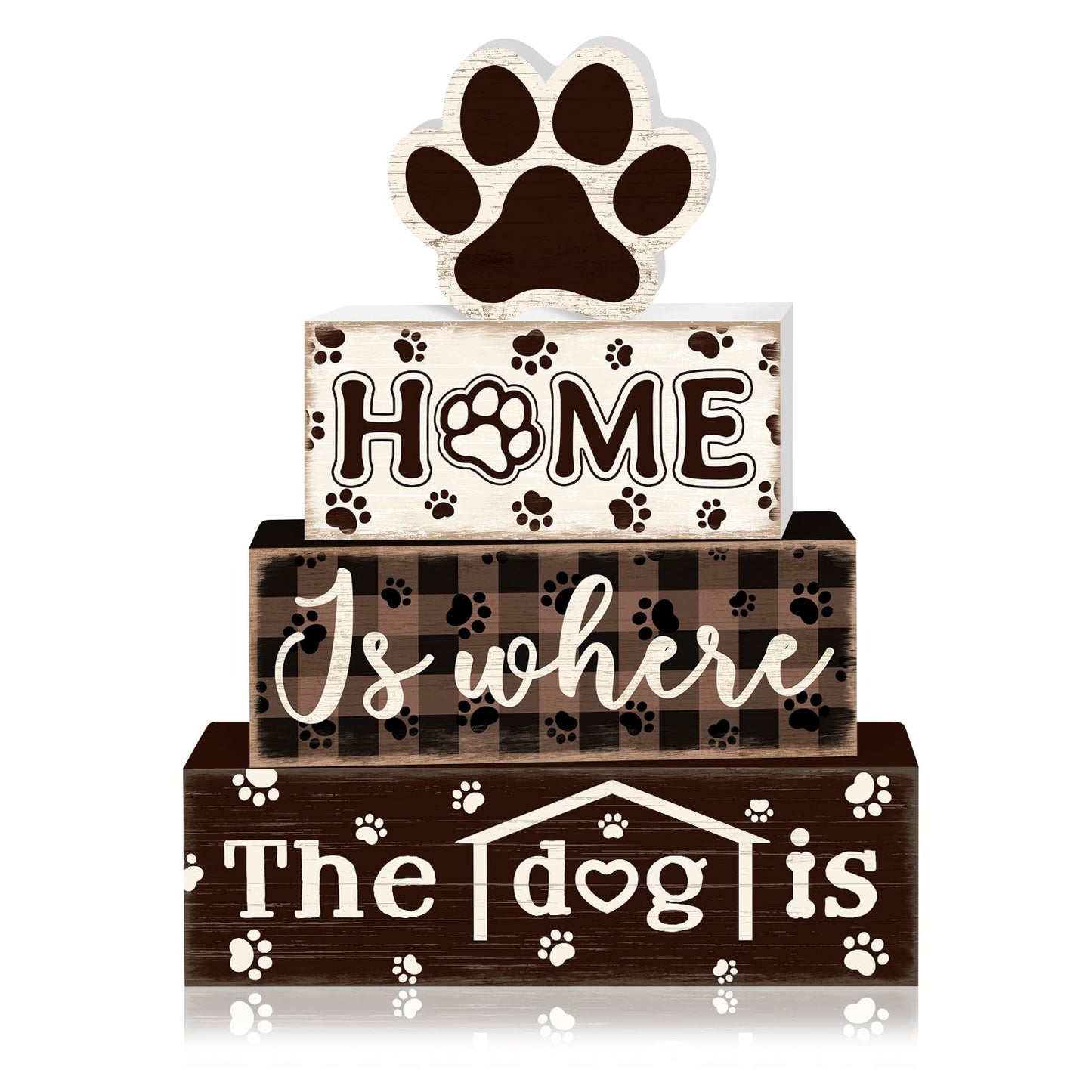 TOMPOP 4 Pcs Farmhouse Dog Wooden Tiered Tray Decor Set, Rustic Home Dog Wood Table Decor Dog Paw Distressed Stack Block Signs Tabletop Centerpieces for Home Desk Kitchen Shelf Mantle Decorations