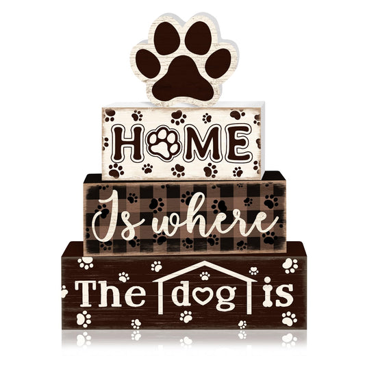 TOMPOP 4 Pcs Farmhouse Dog Wooden Tiered Tray Decor Set, Rustic Home Dog Wood Table Decor Dog Paw Distressed Stack Block Signs Tabletop Centerpieces for Home Desk Kitchen Shelf Mantle Decorations
