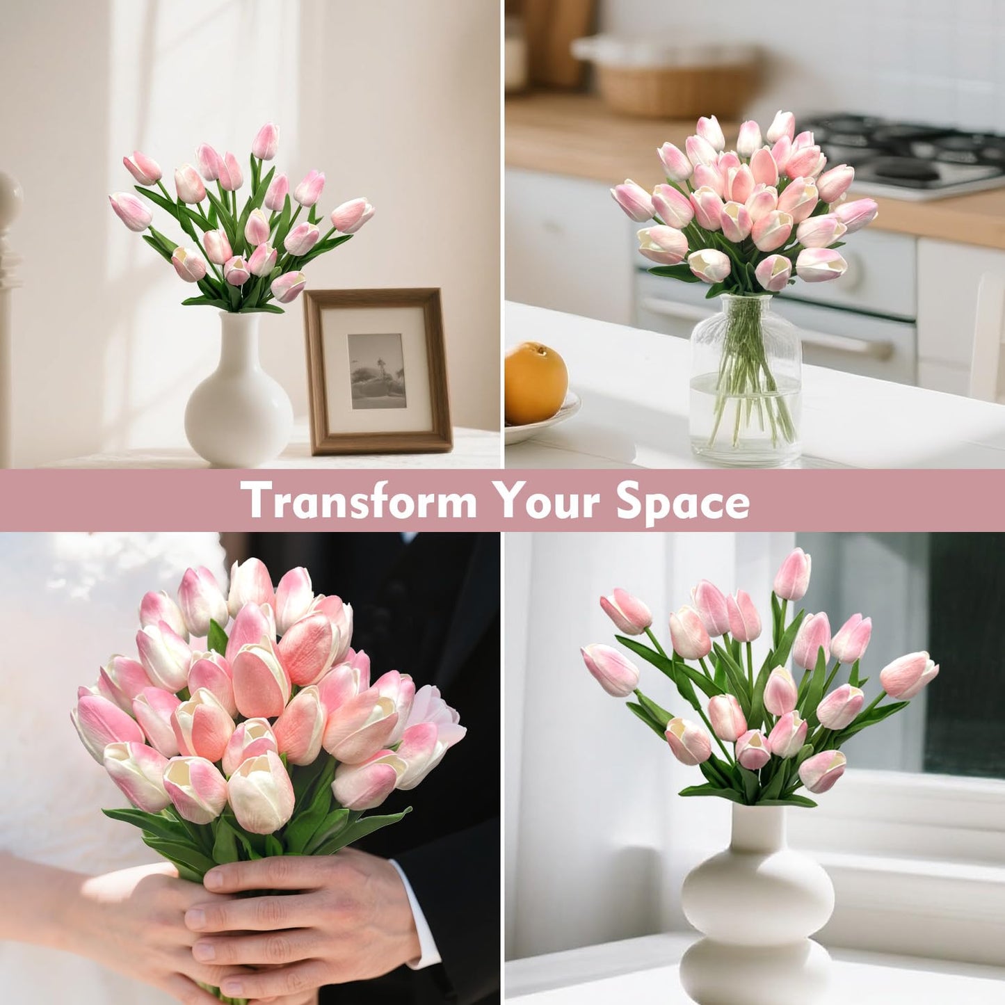 Carfoeny 16pcs Tulips Artificial Flowers Faux Tulip Bulbs Real Touch Bouquet Fake Pink Silk Tulips Floral Arrangement for Wedding Mothers Day Halloween Home Indoor Outdoors Tables Vase Planters Decor