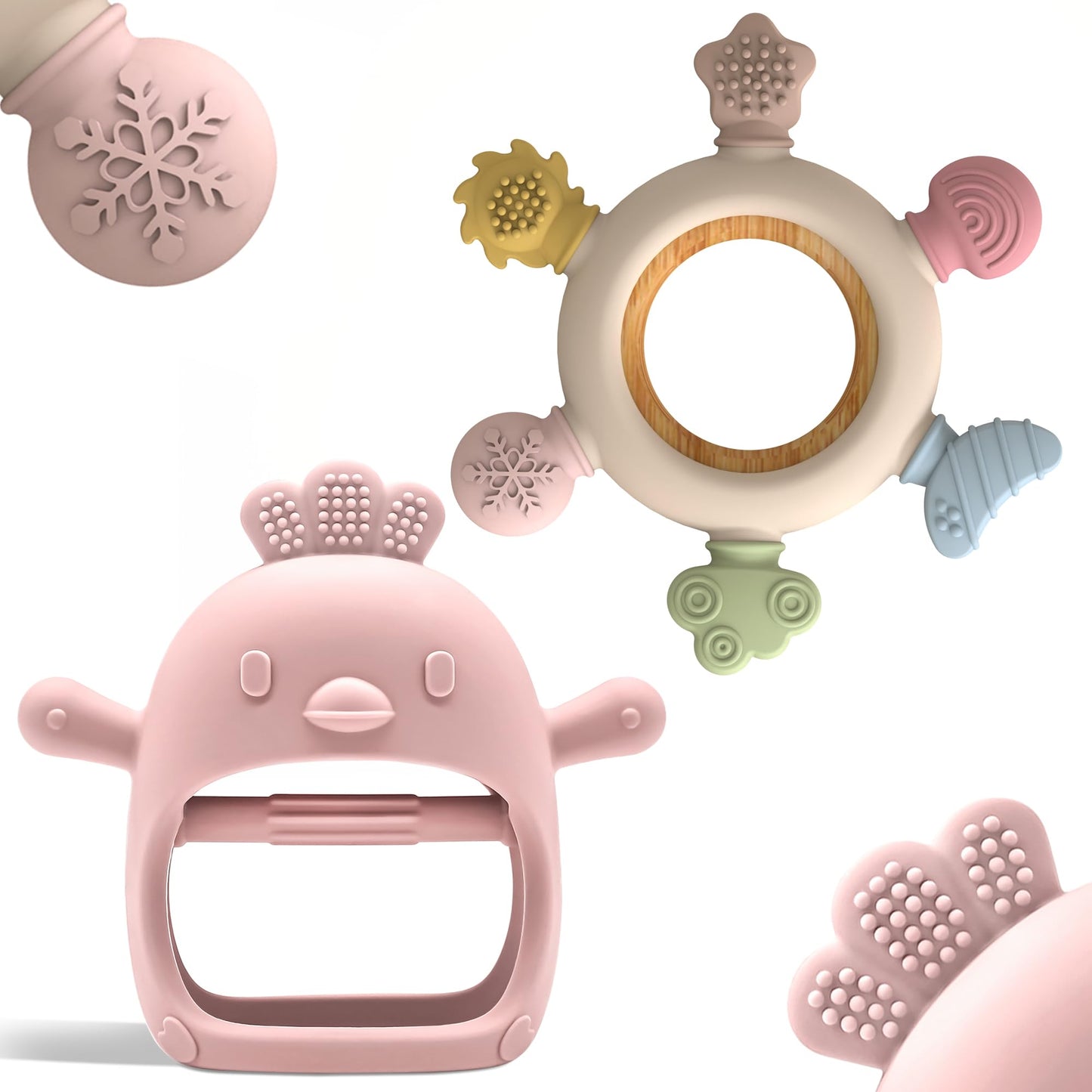 Komfy LilLove 2 Pack Baby Teething Toys for 0-6 & 6-12 Months, Food Grade Silicone Teething Mitten No Drop Teether and Ring Teether, BPA Free, One-Piece, CPC Certified Baby Chew Toys for Sucking Needs