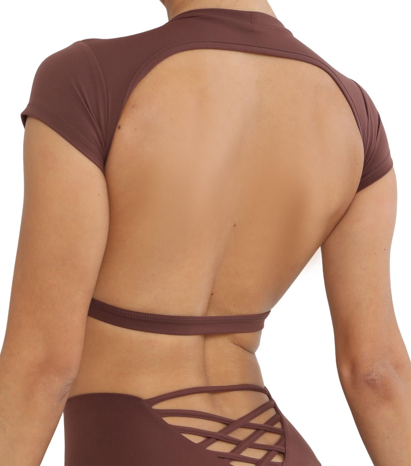 FEOYA Women’s Backless Workout Tops Short Sleeve Round Neck Crop Top Soft Elastic Yoga Fitness Outfits Brown M