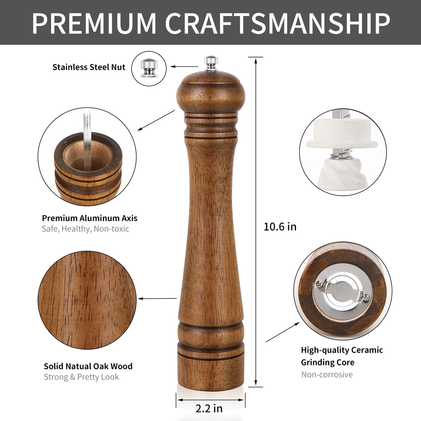 1Pack Wood Pepper Grinder, XWXO 10 Inch Salt Mill Pepper Grinder, Pepper Mill, Salt Shakers with Adjustable Ceramic Rotor - Oak Wood Pepper Grinder for Your Kitchen
