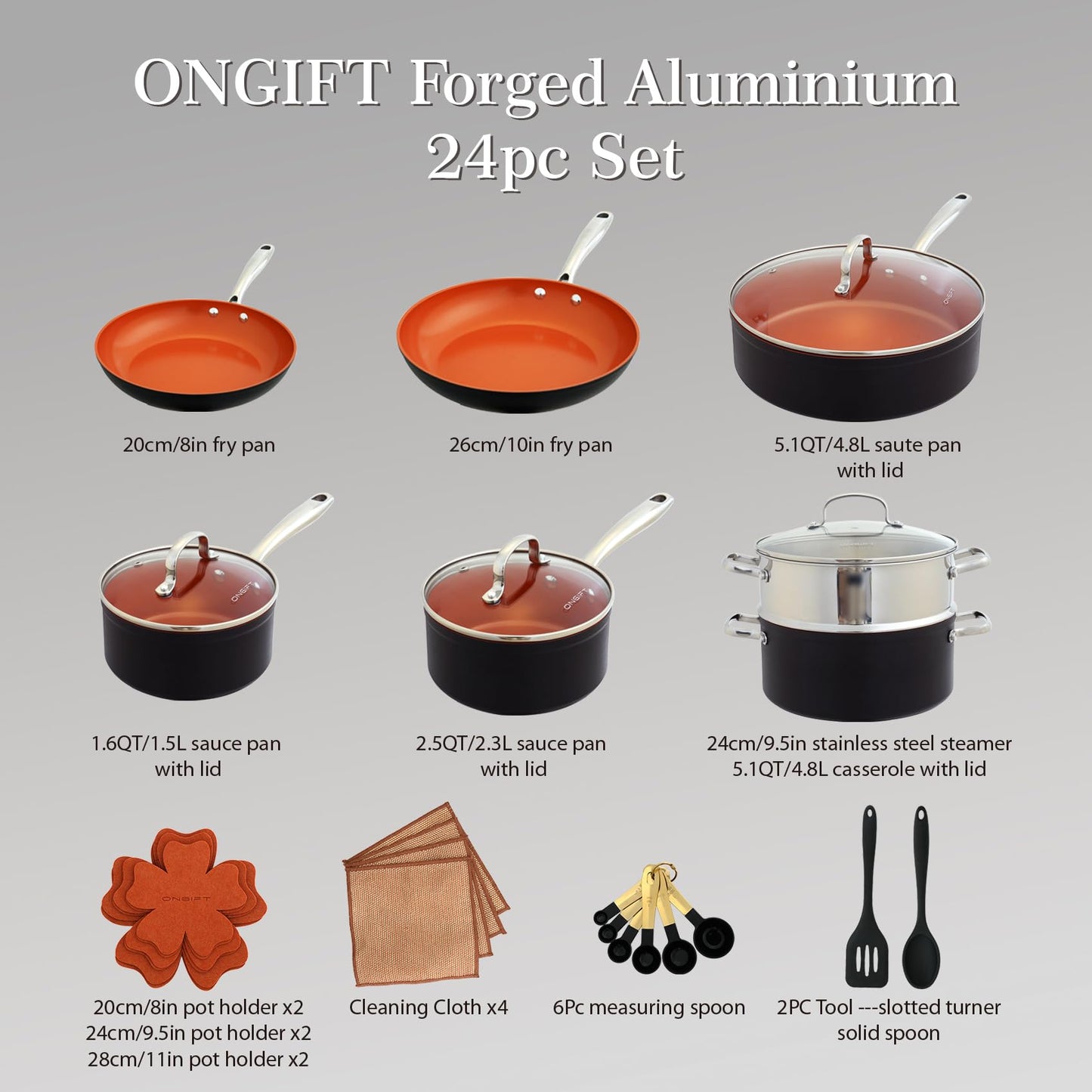 ONGIFT 24 Pcs Pots and Pans Set Nonstick, Ceramic Cookware Sets, Kitchen Cookware Sets without PFAS, PTFE or PFOA, Compatible with All Stovetops, Oven Safe,Copper
