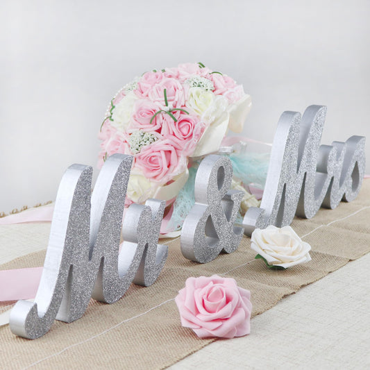 Mr and Mrs Signs Wedding Table Decorations, Wooden Freestanding Letters for Photo Props, Rustic Wedding Decoration, Anniversary Wedding Shower Gift (Silver)