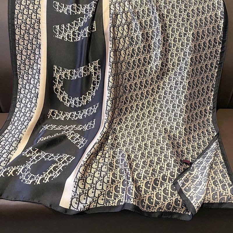 FairyCity Luxury Designer Silk Scarf, Black and Gold Pattern Monogram Print Square Shawl Wrap scarves