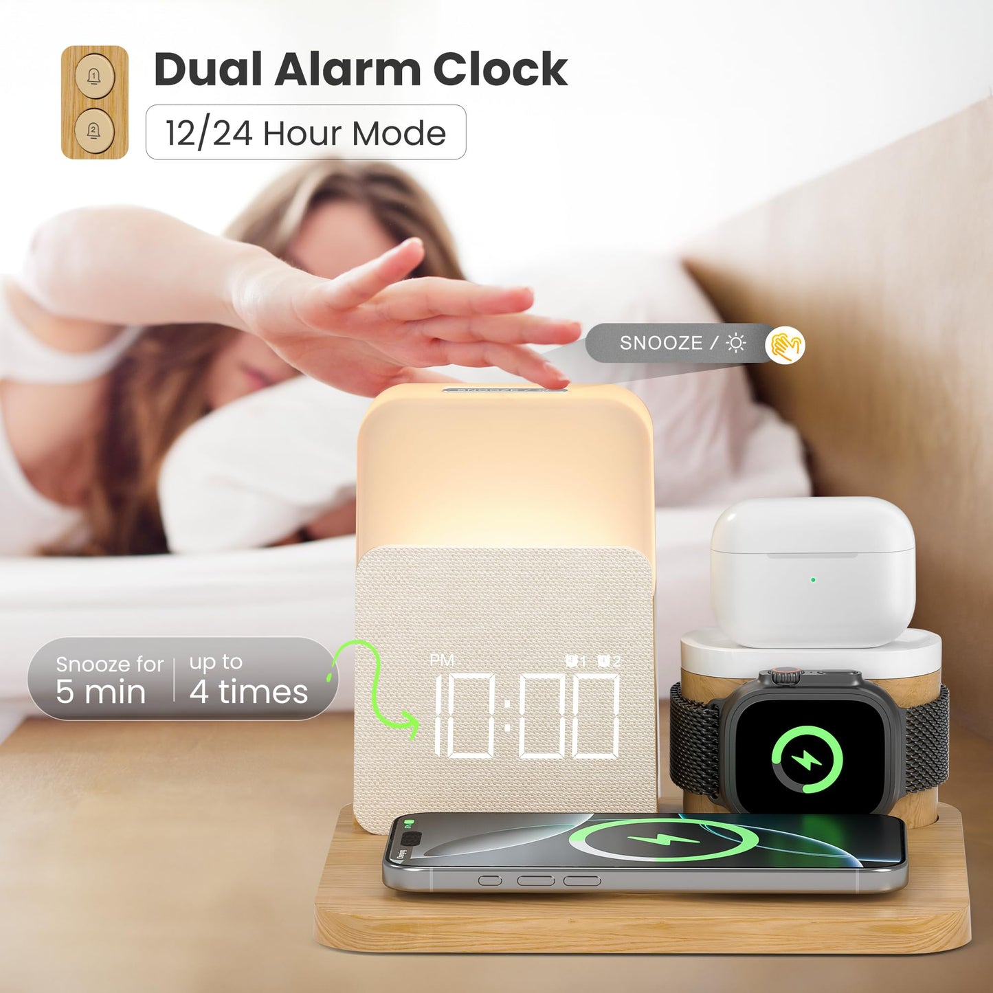 Alarm Clock Charging Station for Bedrooms, 7 in 1 Wireless Charging Station, Mag-Safe Charger with Night Light Bedside Clock for iPhone 16 15 14 13 12 Pro Max, Apple Watch, AirPods