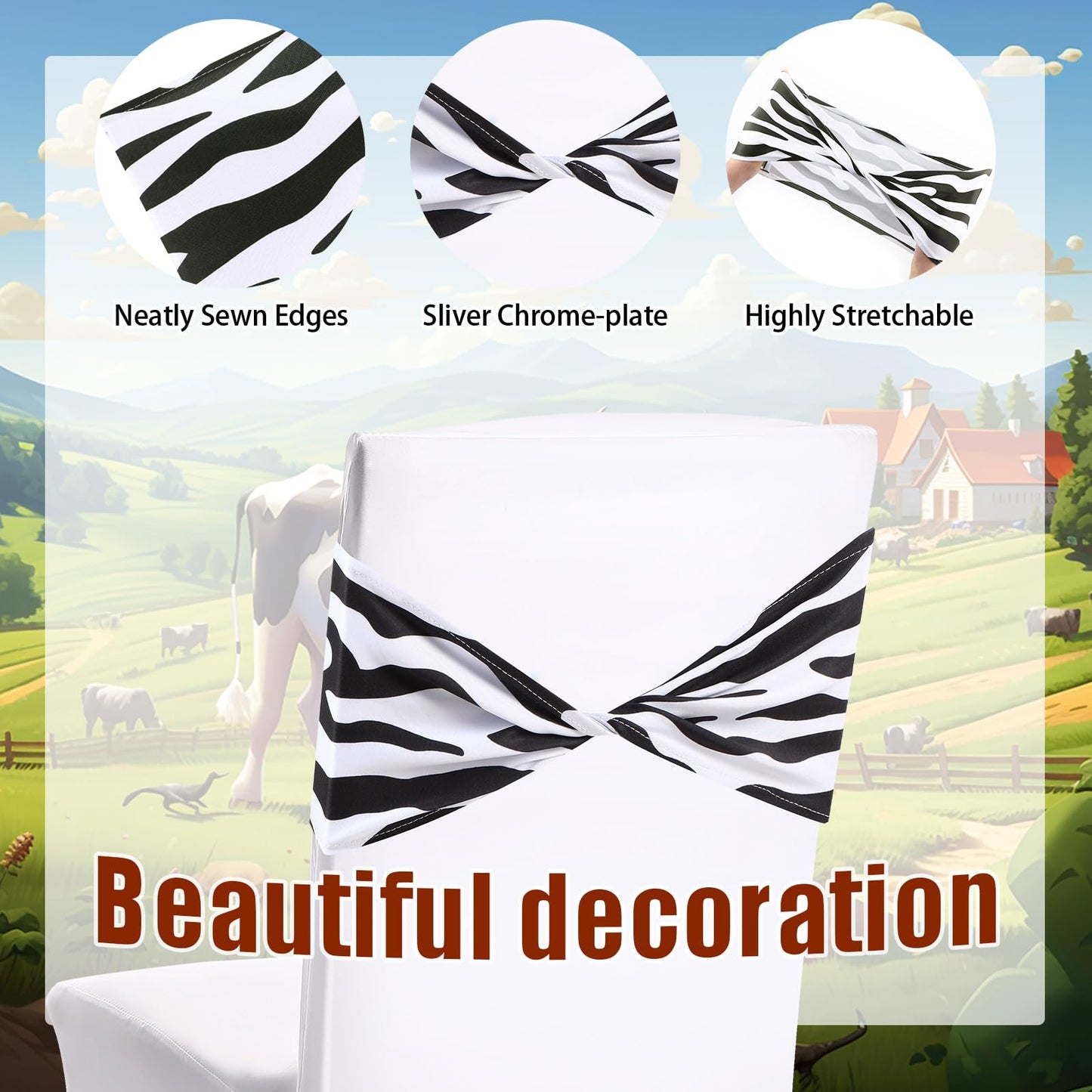 Newwiee 36 Pcs Spandex Chair Bands Animal Print Elastic Chair Sashes Bow Polyester Chair Cover Bands Ties Without Buckle for Animal Safari Jungle Theme Party Birthday Decor (Zebra Stripe)