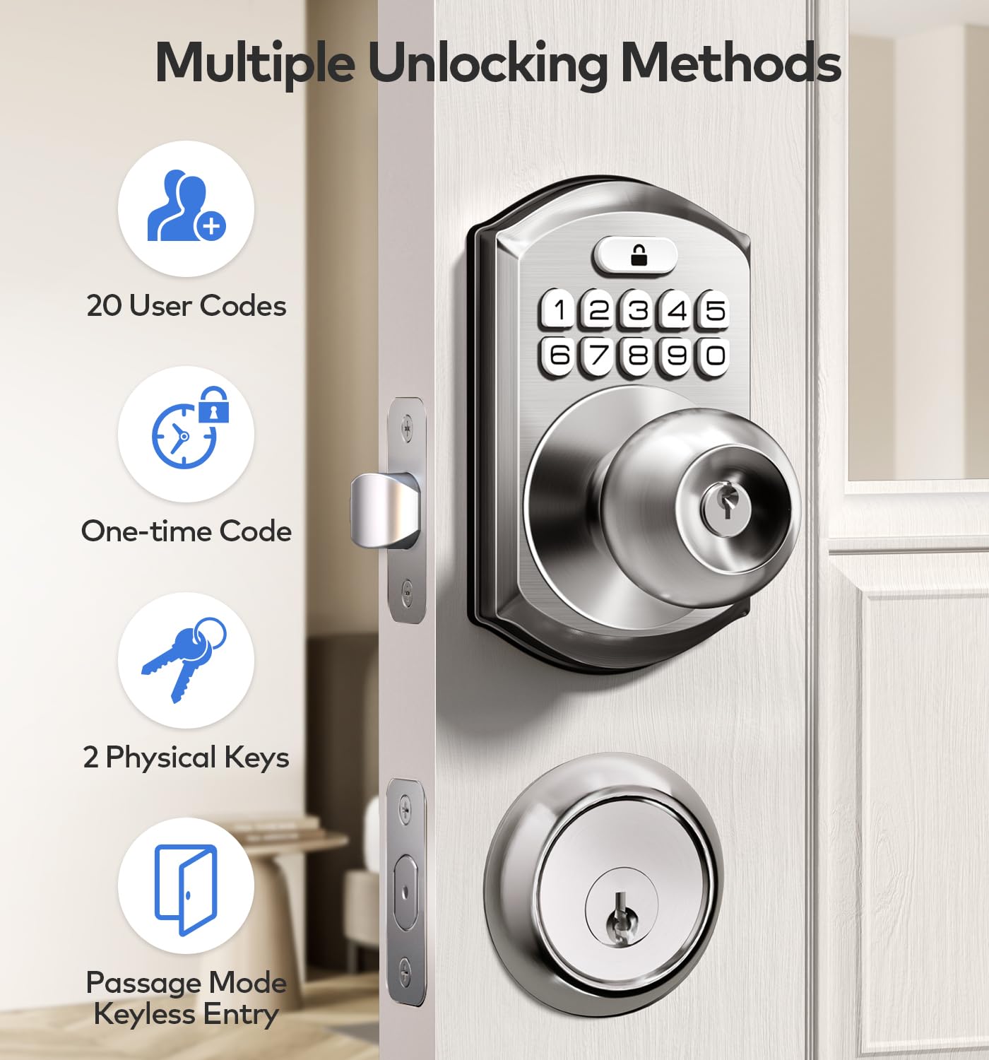 TEEHO Keyless Entry Keypad Door Lock with Handle, Electronic Digital Smart Locks for Front Door, Easy to Install Keypad Deadbolt with Code for Bedroom, Anti-Peeping Password - Nickel