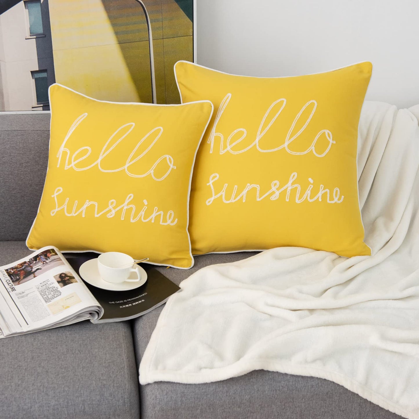 YIcabinet Set of 2 Soft Soild Decorative Square Throw Pillow Covers Outdoor Patio Pillow Yellow Hello Sunshine Pillow for Sofa Bedroom Car 18x18 Inch