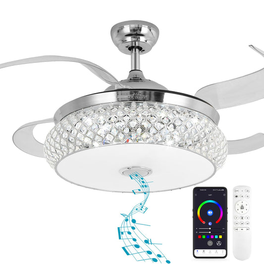BAYSQUIRREL Retractable Ceiling Fan with Light, Low Profile Bluetooth Ceiling Fan with Speaker,RGB-LED Light 6 Speed Reversible Invisible Ceiling Fans for Bedroom,Remote and APP Control