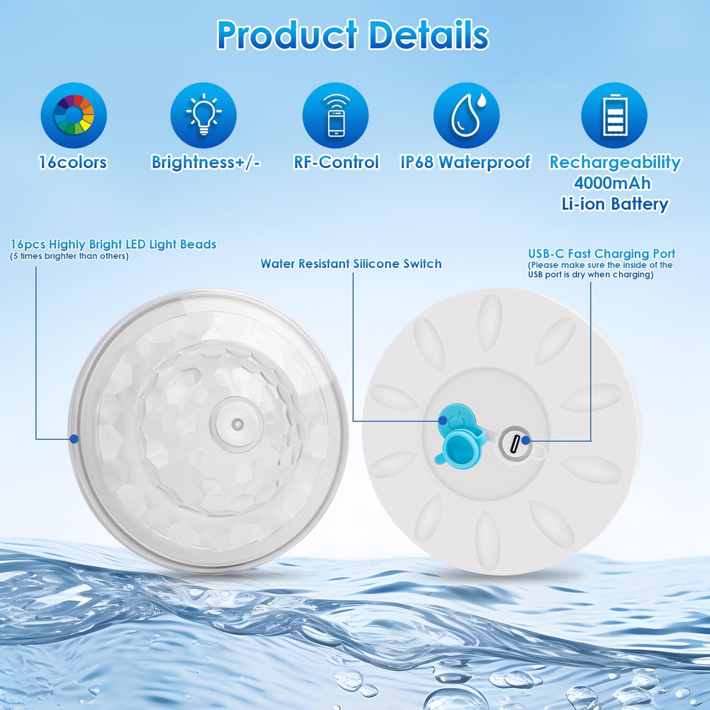 QOLNBY Floating Pool Lights, Rechargeable Pool Lights with 6 Dynamic Lighting Effects, Upper and Lower Color Changing Floating Light, IP68 Waterproof Lights for Pools, Hot Tubs, Fountain 1 Pack