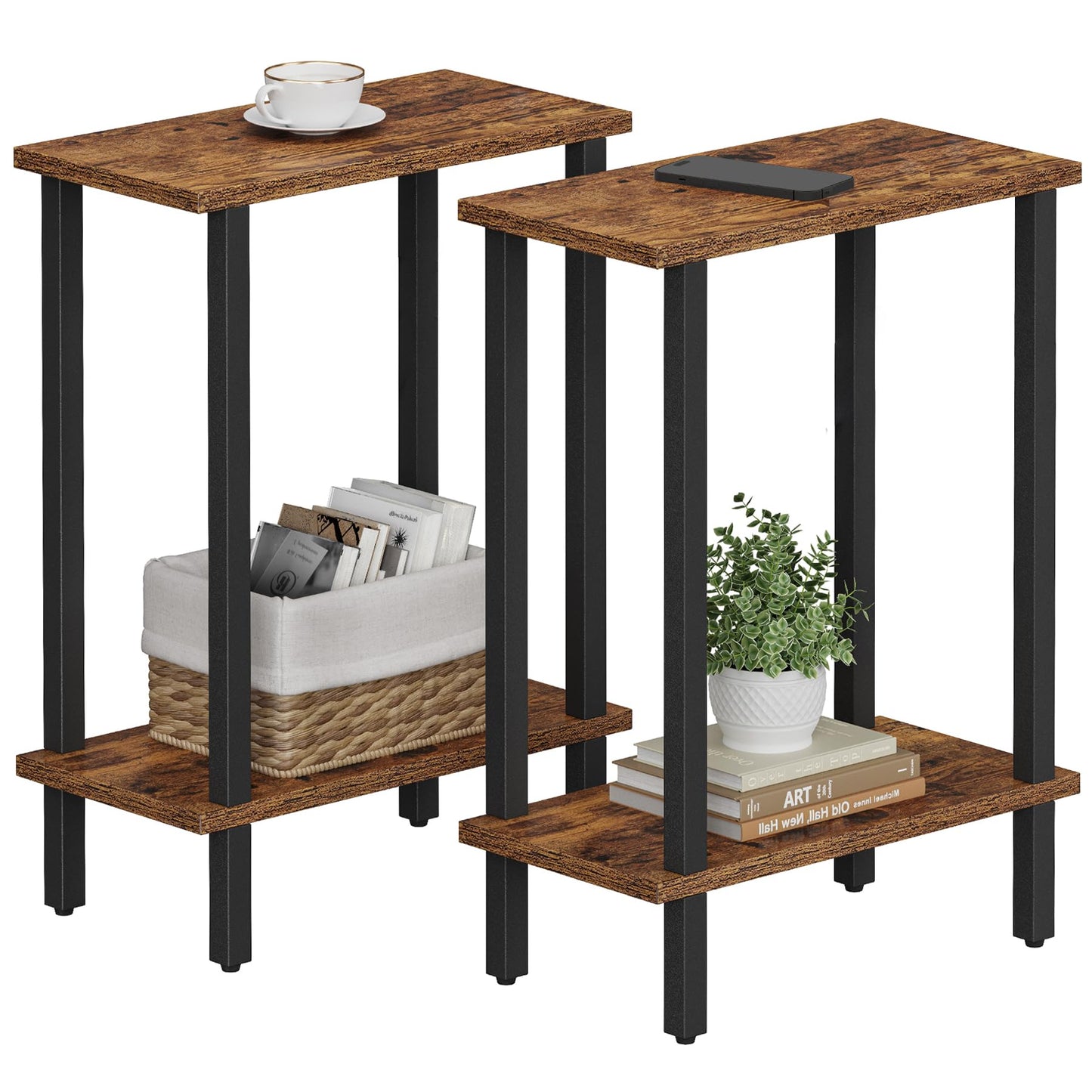 TUTOTAK Small Side Table, Narrow End Table, Set of 2, Skinny Sofa Table, Slim Nightstand, Couch Table, Living Room, Bed Room, Brown TB01BB0622