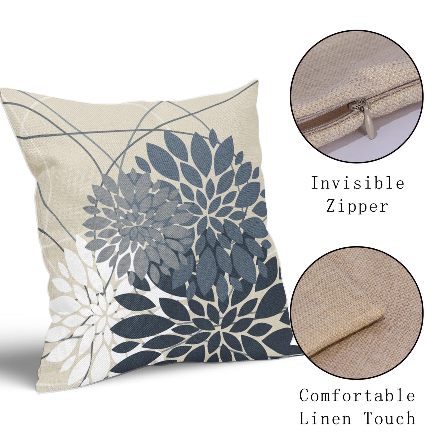 Dusty Blue Flower Pillow Covers 18x18 Grey Gray White Dahlia Floral Spring Decorative Throw Pillows Farmhouse Outdoor Seasonal Decor for Home Sofa Bed Couch Modern Square Cushion Cases, Set of 2