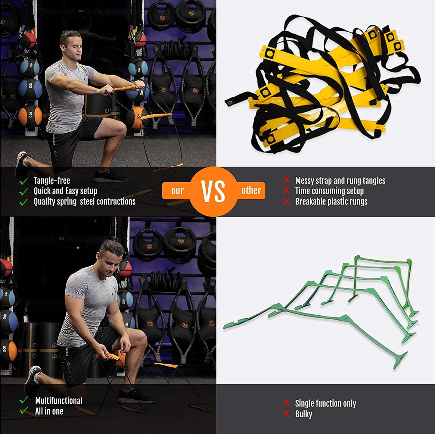 ALPHAWORX Agility Ladder, Agility Training Equipment, Soccer Speed Ladder, Football Footwork Ladder, Workout Ladder for Kid Adult, Foldable Instant Set-up & Tangle-Free & Carry Bag (4 Rung)