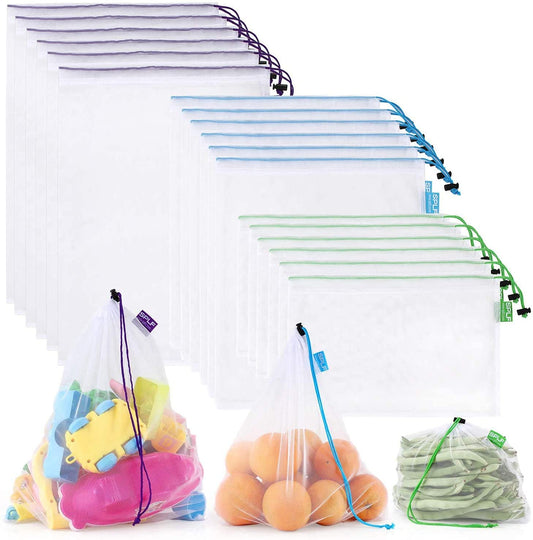 SPLF 12 Pcs Heavy Duty Reusable Mesh Produce Bags, Barcode Scanable See Through Food Safe Mesh Bags with Drawstring for Fruits, Vegetable, Food, Toys, Grocery Storage, Large Medium Small