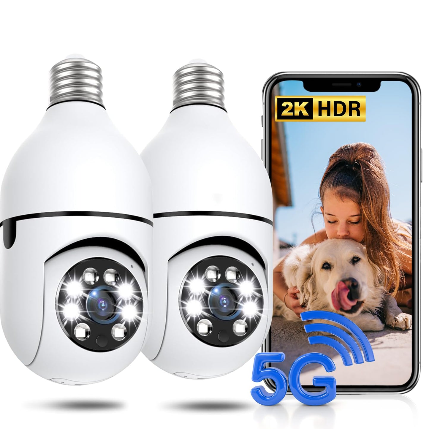 Light Bulb Security Camera 2 Packs, 5G&2.4GHz 2K Security Cameras Wireless Outdoor 360° PTZ Cameras for Home Security with Color Night Vision, 2 Way Talk, AI Human Detection, Screw in Light Socket