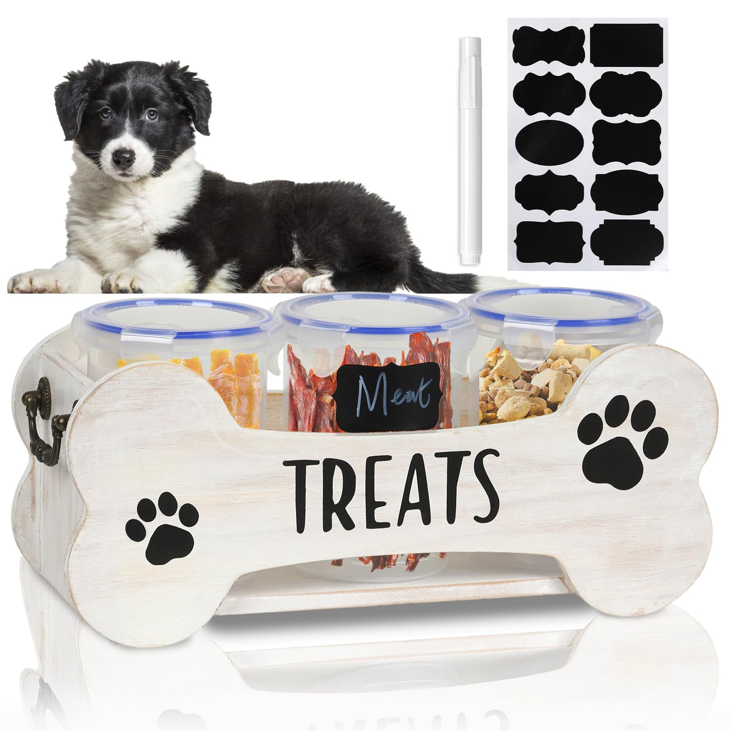 WGFKVAS Dog Treat Container Dog Food Storage Container for Countertop，Wooden Cat Food Storage Container with 3 Jars，Dog Treat Jar with Lid，Great Gift for Pet Dog Owners (White)