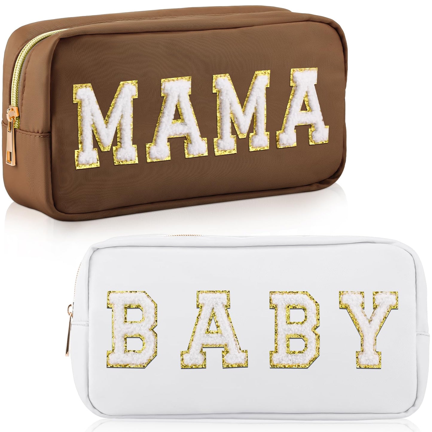 Sanwuta 2 Pieces Mama Gifts Makeup Bag Mom Birthday Gifts Nylon Cosmetic Bag Mothers Day Appreciation Toiletry Preppy Patch Chenille Letter Pouch for Women Her New Mom(Camel, White,Baby and Mama)