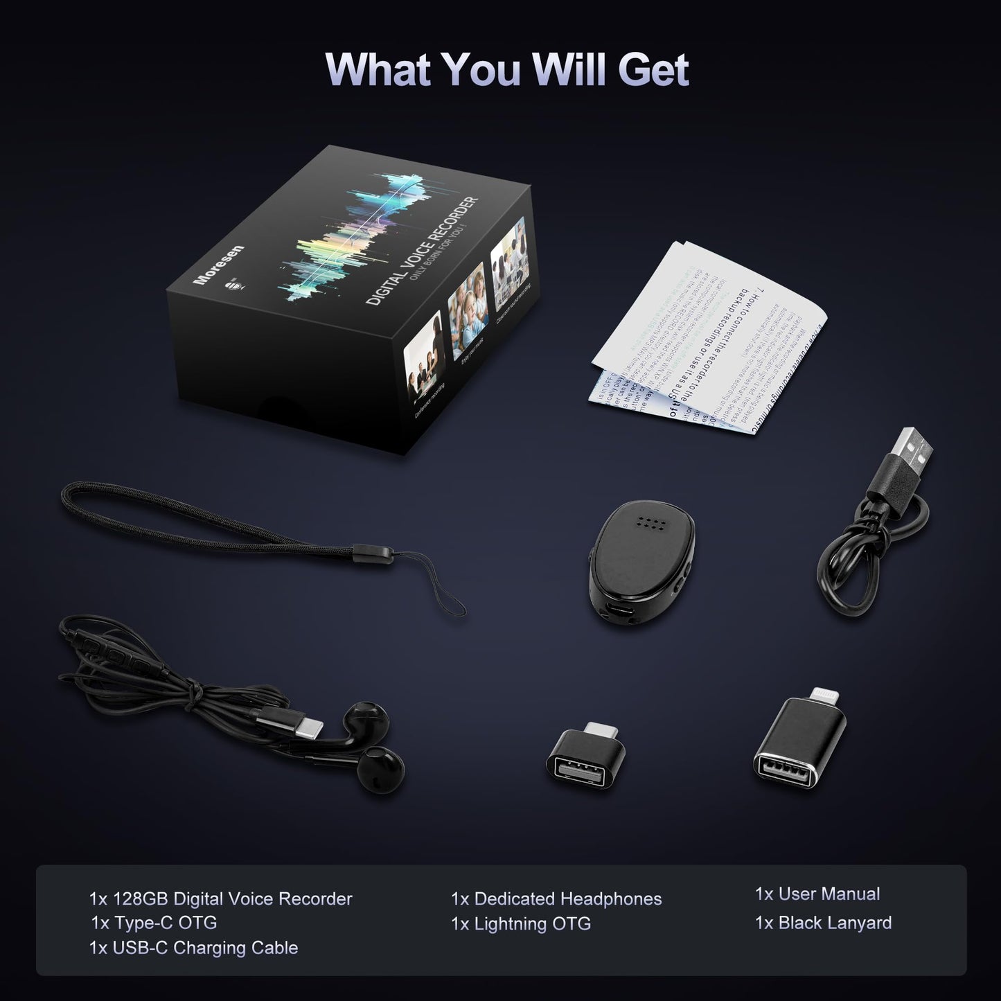 128GB (9860 Hours) Voice Recorder with Triple Noise Reduction, Moresen Recording Device with External Speaker, MP3 Voice Activated Recorder for Work,Lectures, Black