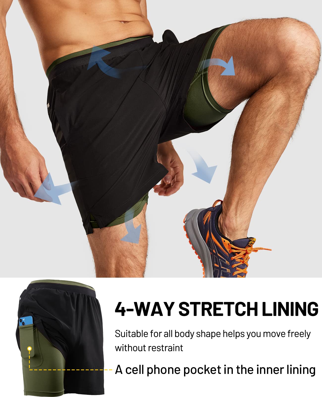 MIER 2 in 1 Athletic Running Shorts Men 5 Inch Inseam Workout Training Shorts with Liner Pockets, Black/Army Green, X-Small