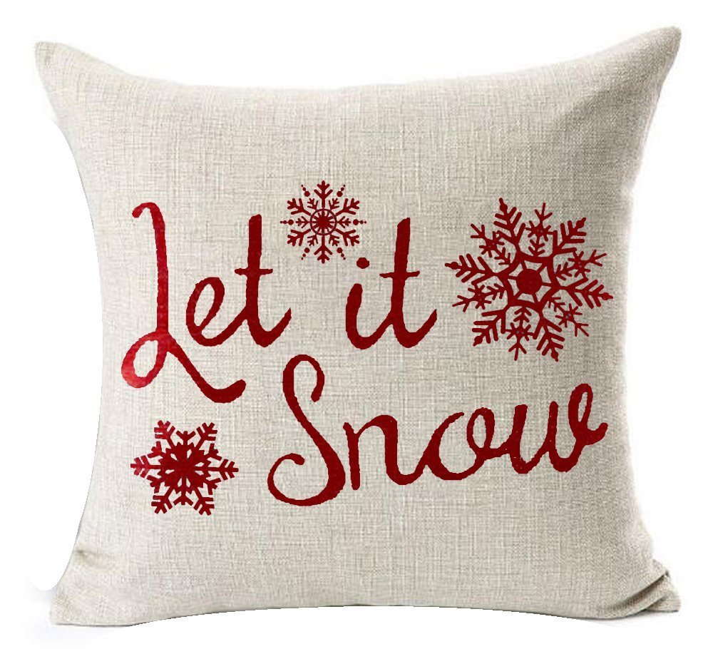 Andreannie Set of 4 Throw Pillow Cover Christmas Beige Shadow Let It Snow Snowflakes Red Cotton Linen Throw Pillow Case Cushion Cover for Sofa Bed Couch Home Decor Square 18 X 18 Inches(Blood Red)