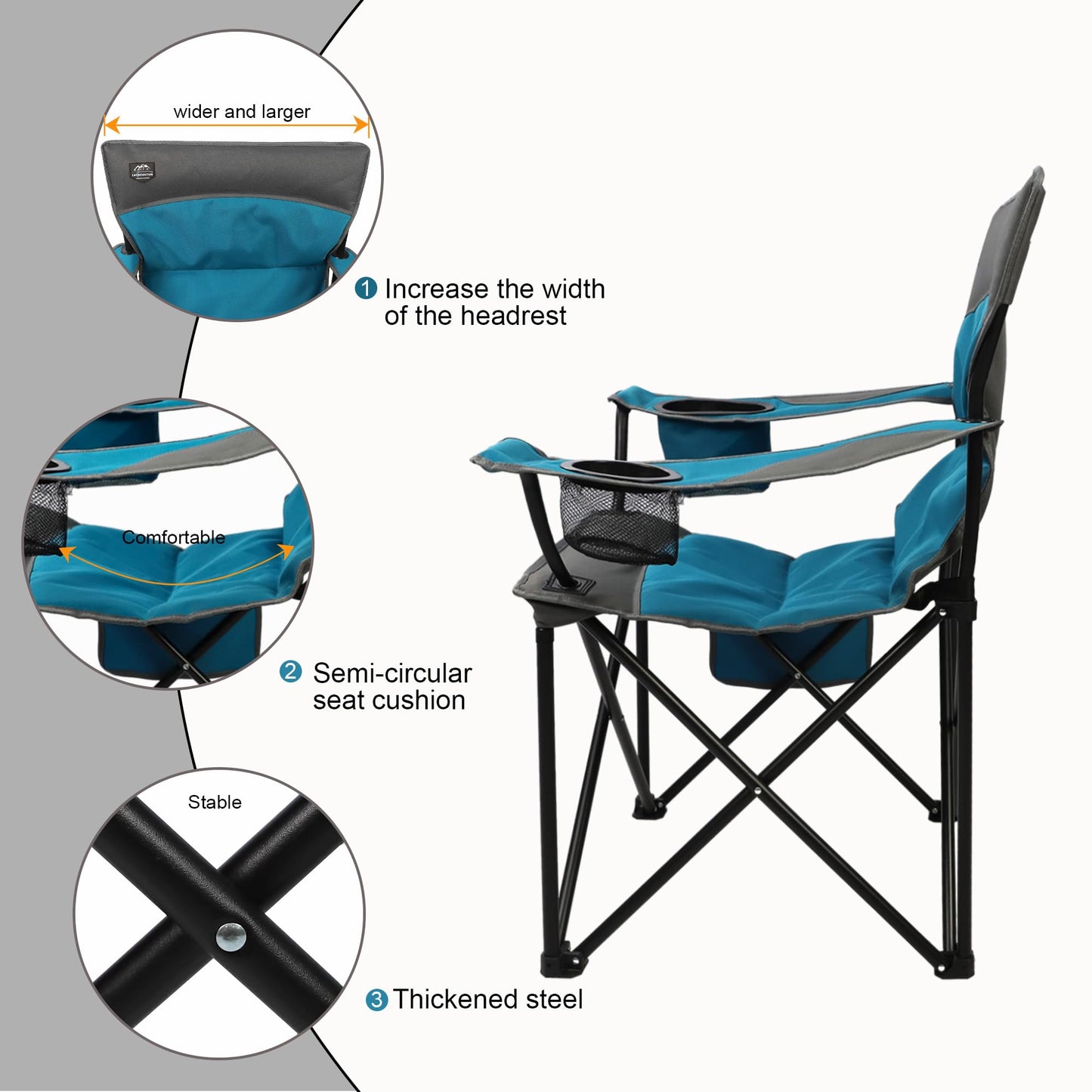 LANMOUNTAIN Oversized Folding Camping Chair,Heavy Duty Padded Portable Lawn Chair w/Extra Large Cup Holder,Side Pocket for Adults Outdoor Sports Hiking Beach Garden Picnic,Blue