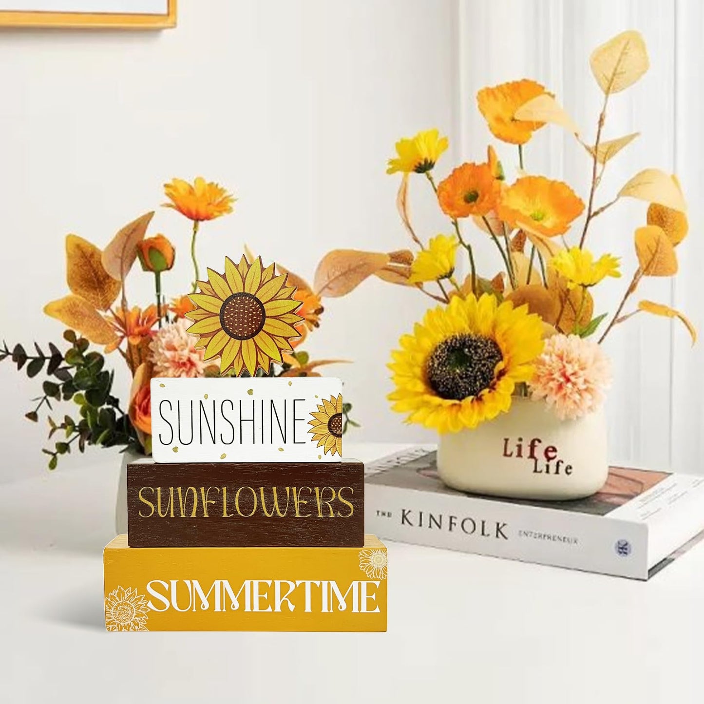 4 Pcs Summer Sunflower Wood Table Decor,Sunflower Tiered Tray Decor Wooden Tabletop Wooden Decors, Sunflower Home Party Gifts Farmhouse Table Decor Sign for Guest Decorations (Sunflower)