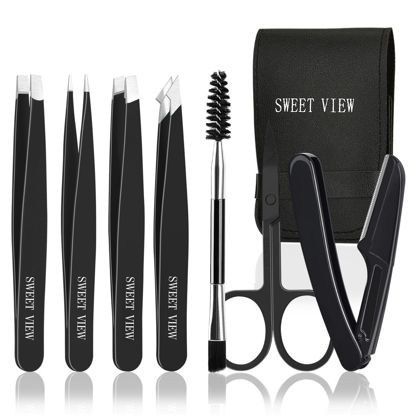 SWEET VIEW 7pcs Eyebrow Tweezers Kit for Women Precision Plucker with Brow Scissors & Razor & Spoolie for Facial, Chin, Brow, Splinter and Ingrown Hair