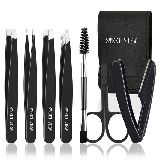 SWEET VIEW 7pcs Eyebrow Tweezers Kit for Women Precision Plucker with Brow Scissors & Razor & Spoolie for Facial, Chin, Brow, Splinter and Ingrown Hair