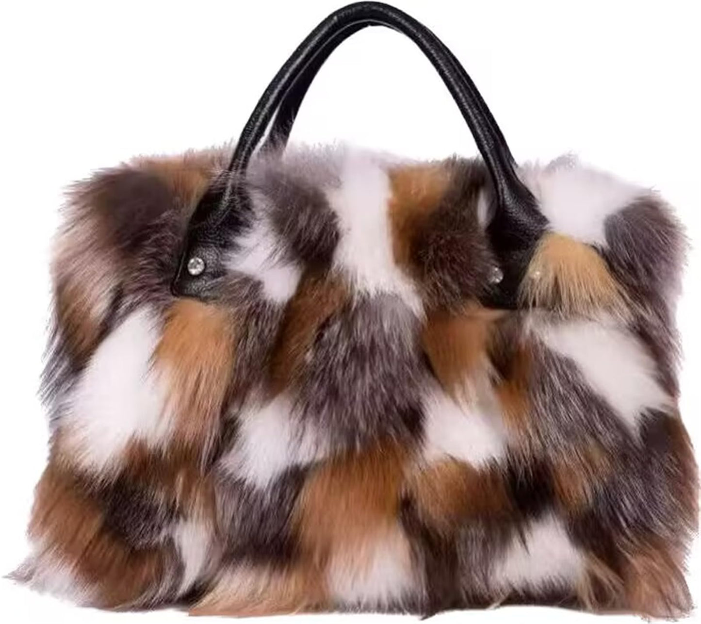 D-01 Luxury Real Fox Fur Handbag For Women Ladies Furry Shoulder Bag Purse Colorful Silver Bags Big Capacity Fashion (One Size, Brown)