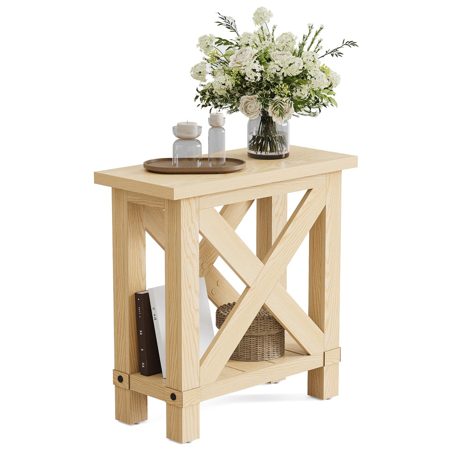 LITTLE TREE Farmhouse Side Table, Narrow End Table for Space Saving, Bedside Furniture for Bedroom, Living Room, Small Spaces, Oak