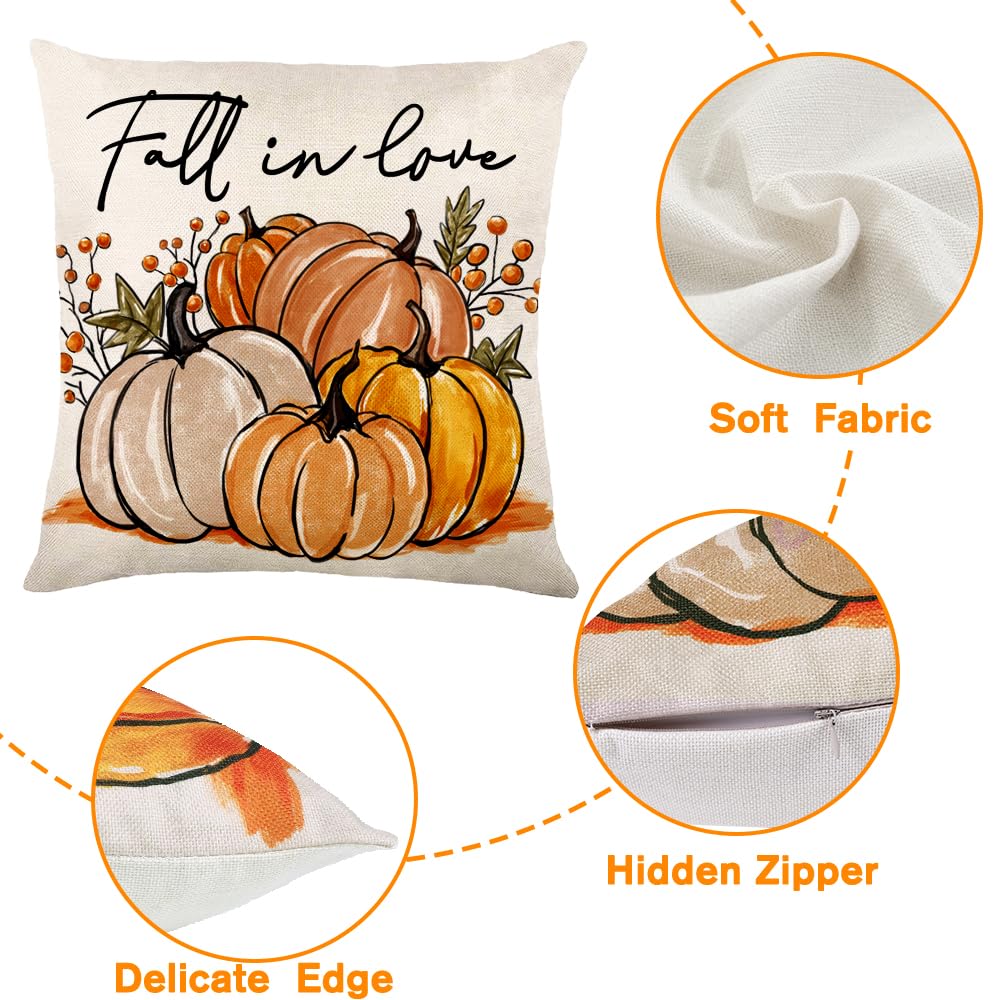 Heirloom Haven 4pcs Hello Fall Pumpkin Throw Pillow Covers 18x18, Autumn Thanksgiving Buffalo Plaid Polka Dots Floral Bicycle Outdoor Home Decor Cushion Cases Seasonal Pillow Cases for Sofa Couch