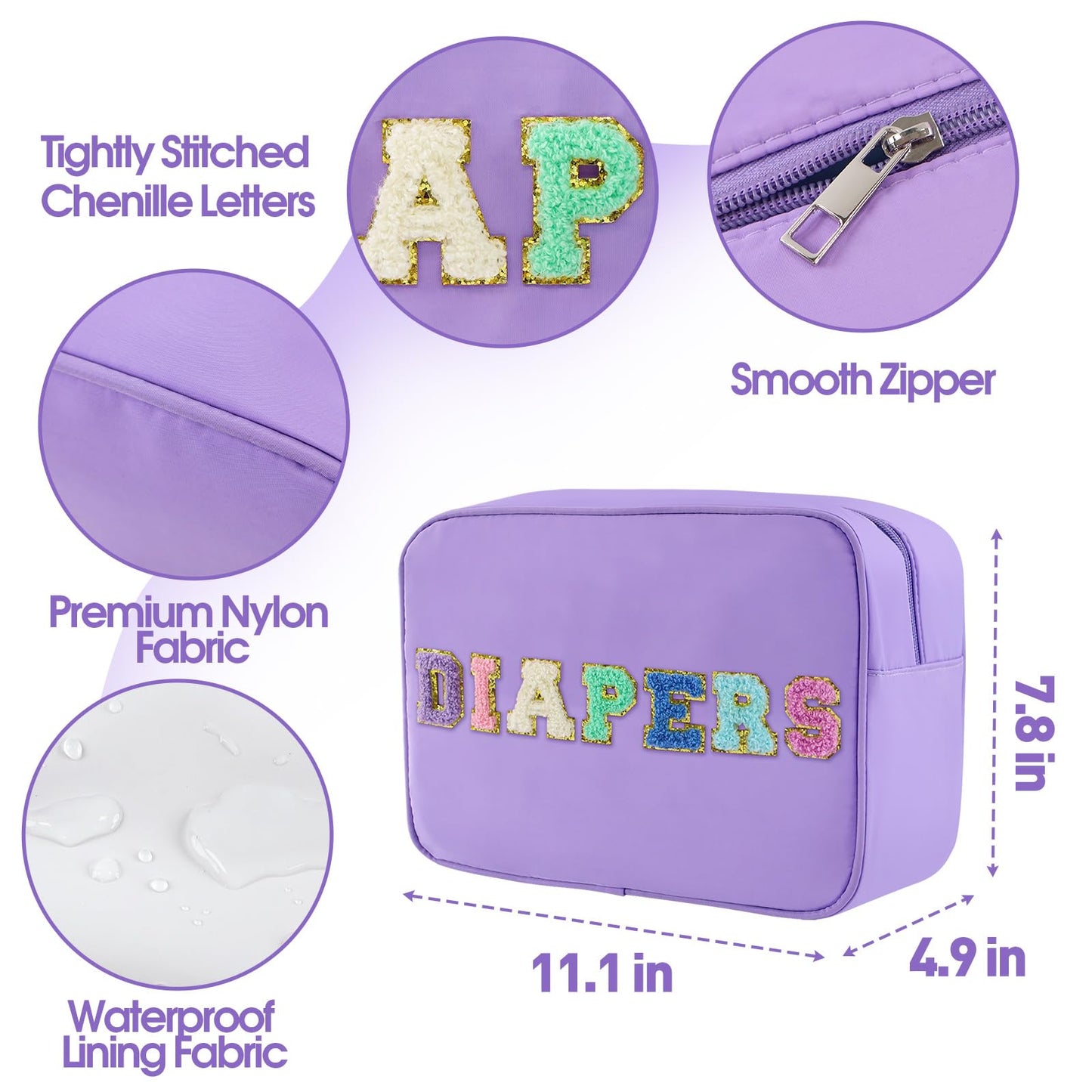 Portable Small Diaper Bag, Chenille Letter Diaper Caddy Organizer Pouch Newborn Baby Essentials Must Haves for Nursery Changing Table, Purple Waterproof Diaper Pail Baby Shower Gifts for Mom To Be