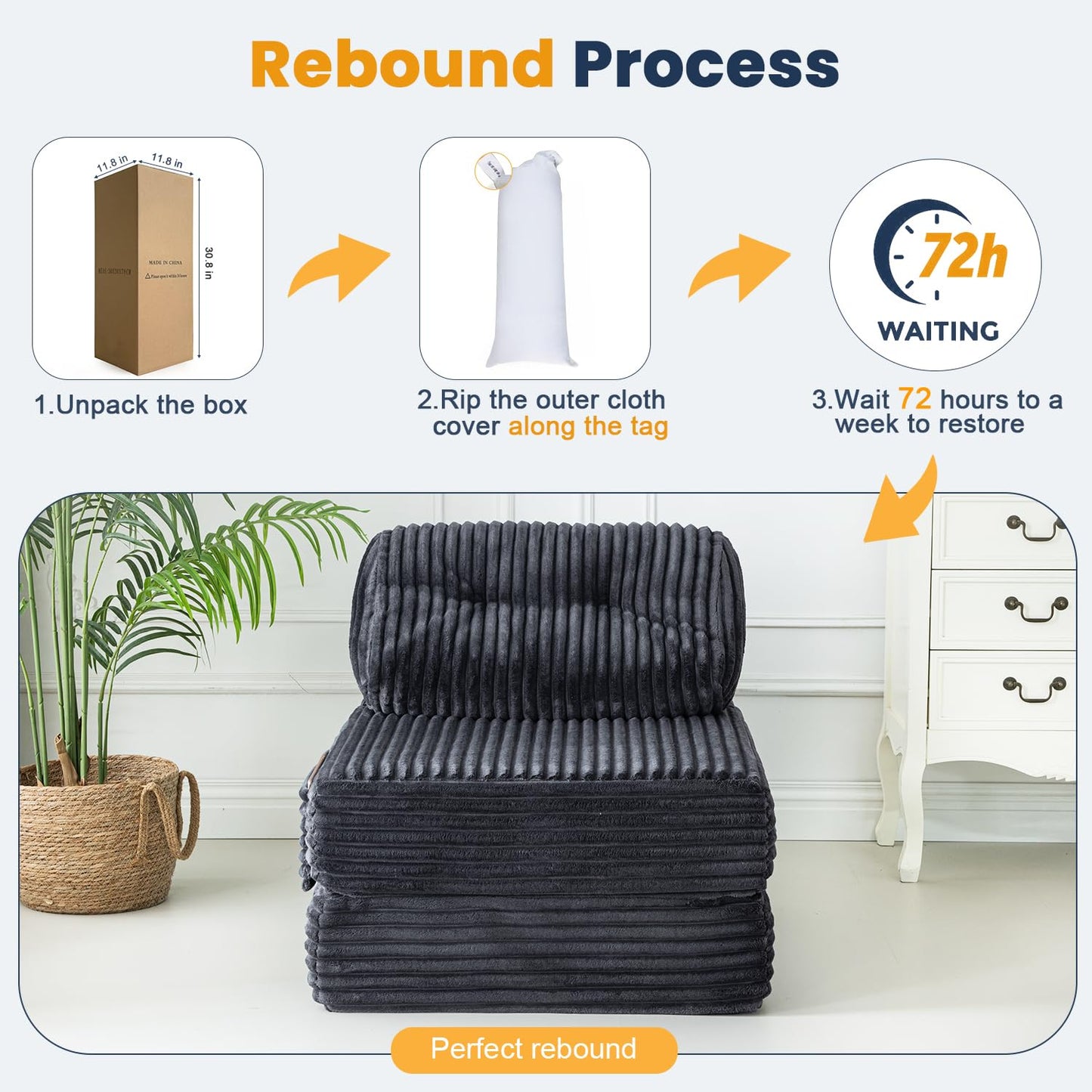 Domiqut 3 in 1 Folding Sofa Bed, Convertible Sleeper Chair with Pillow, Chair Bed with Back Support, Couches for Living Room, Foam Floor Mattress with Cushion, Single Size, Dark Grey