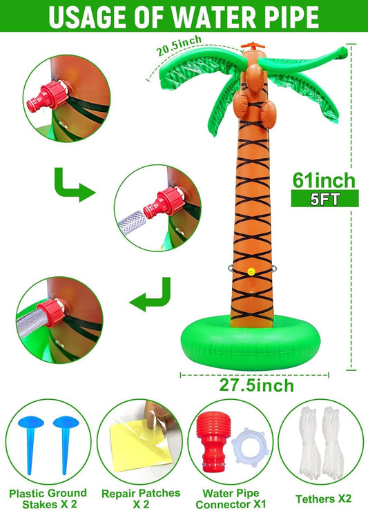 61" Inflatable Palm Tree Backyard Sprinkler for Kids, Spray Water Pool Toy Inflatable sprinkler for yard Outdoor Hawaiian Party Coconut Tree for Lawn Sprinkler for Boys Girls Backyard Beach Games Toys