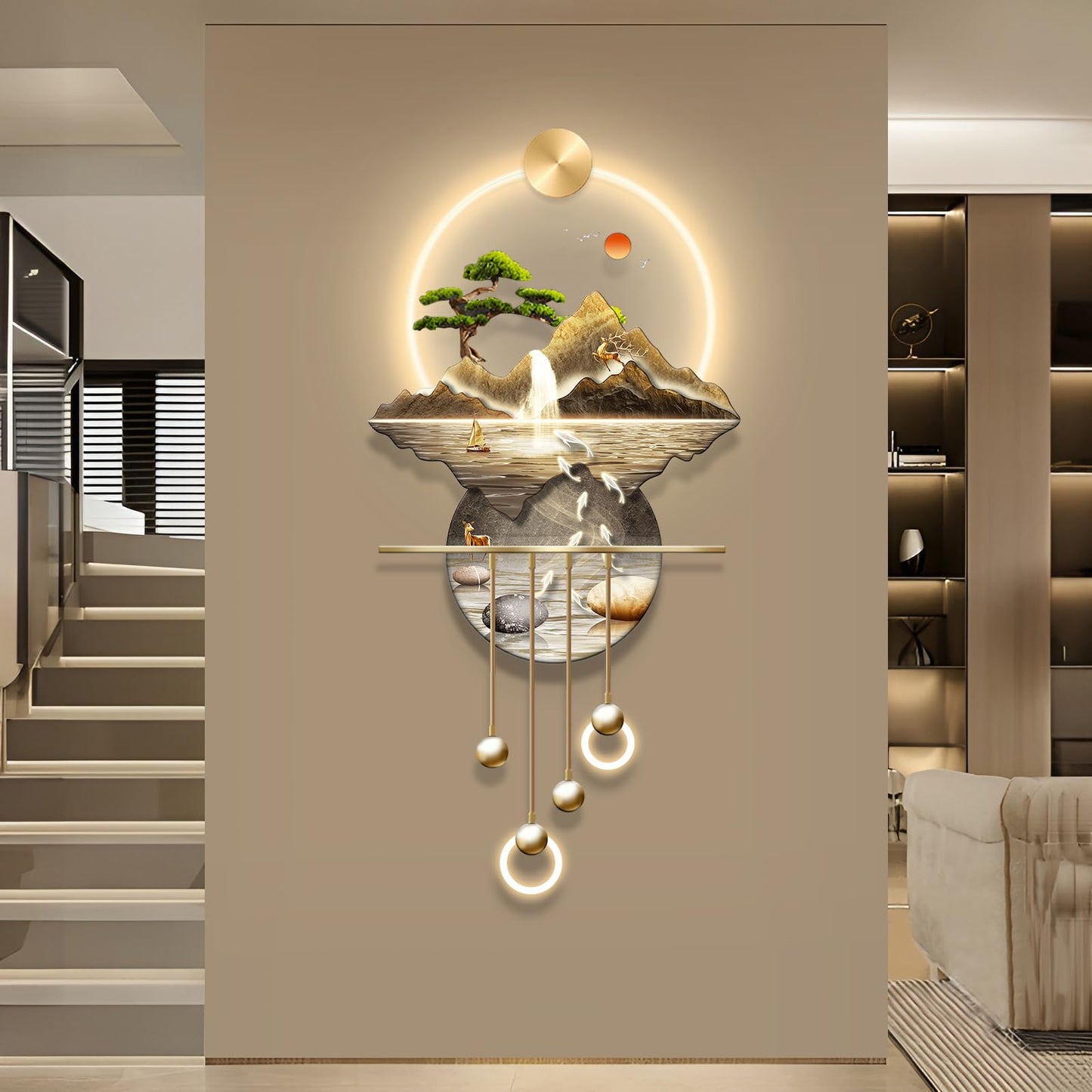 XQDYSG LED Light Decor Wall Art, 3D Art Wall Decor with Light, Decors Walls Sculptures Large 3D Art, Decors Walls Sculptures Lighting Modern, Plug-in Power Supply, Gold F, 23x53IN