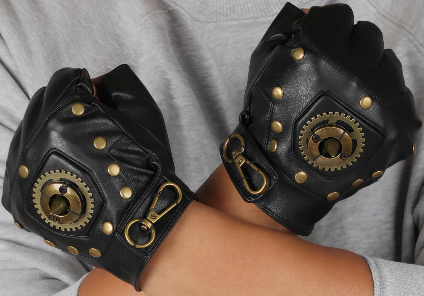 Steampunk Studded Leather Fingerless Gloves with Gear Detail, Black