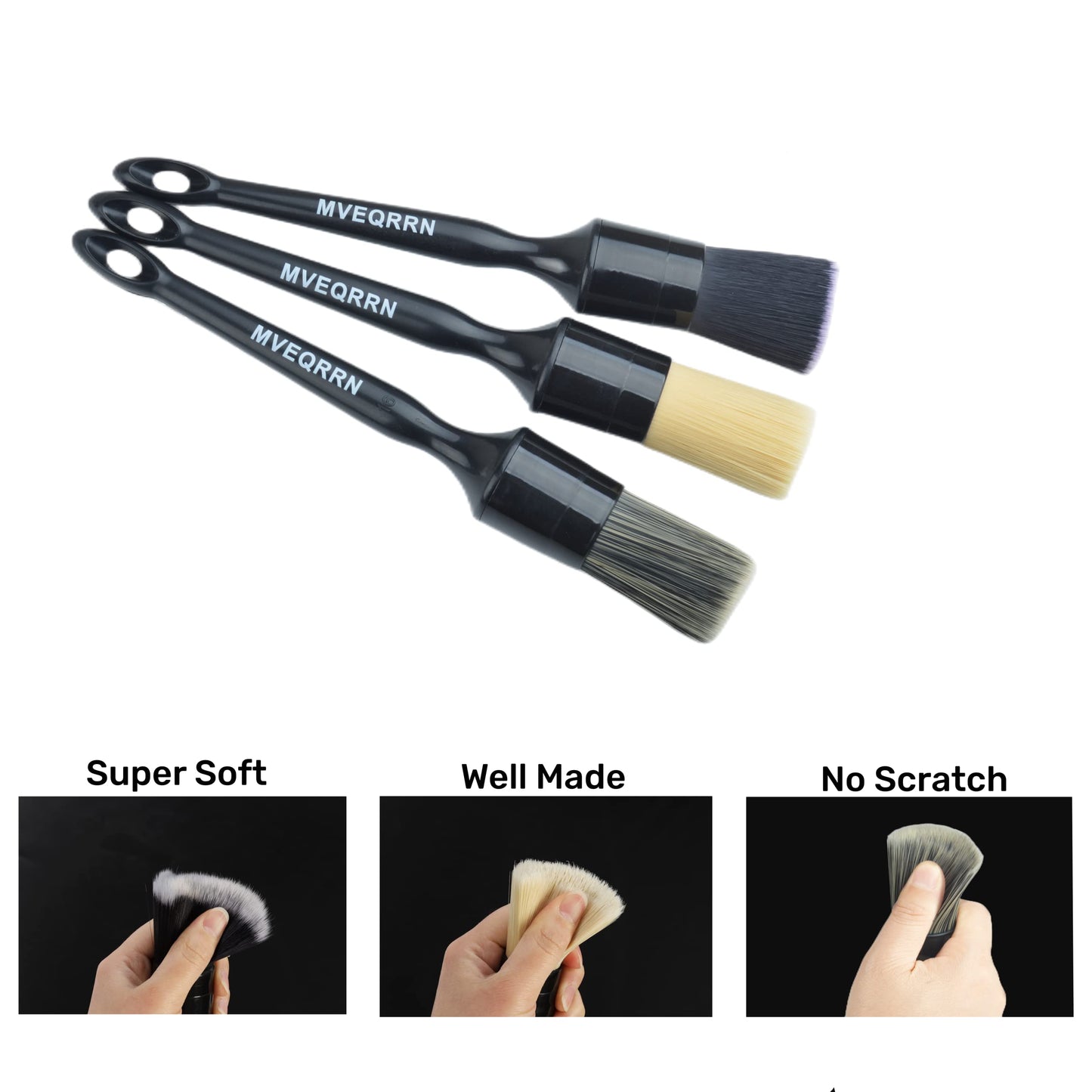 MVEQRRN 3pcs Car Detailing Brush Set-1pcs Boars Hair Car Detailing Brushes,1pcs Ultra Soft No Scratch Detailing Brush for Air Vent,Leather Seat 1pcs Detail Brushes car Detailing for Interior Exterior
