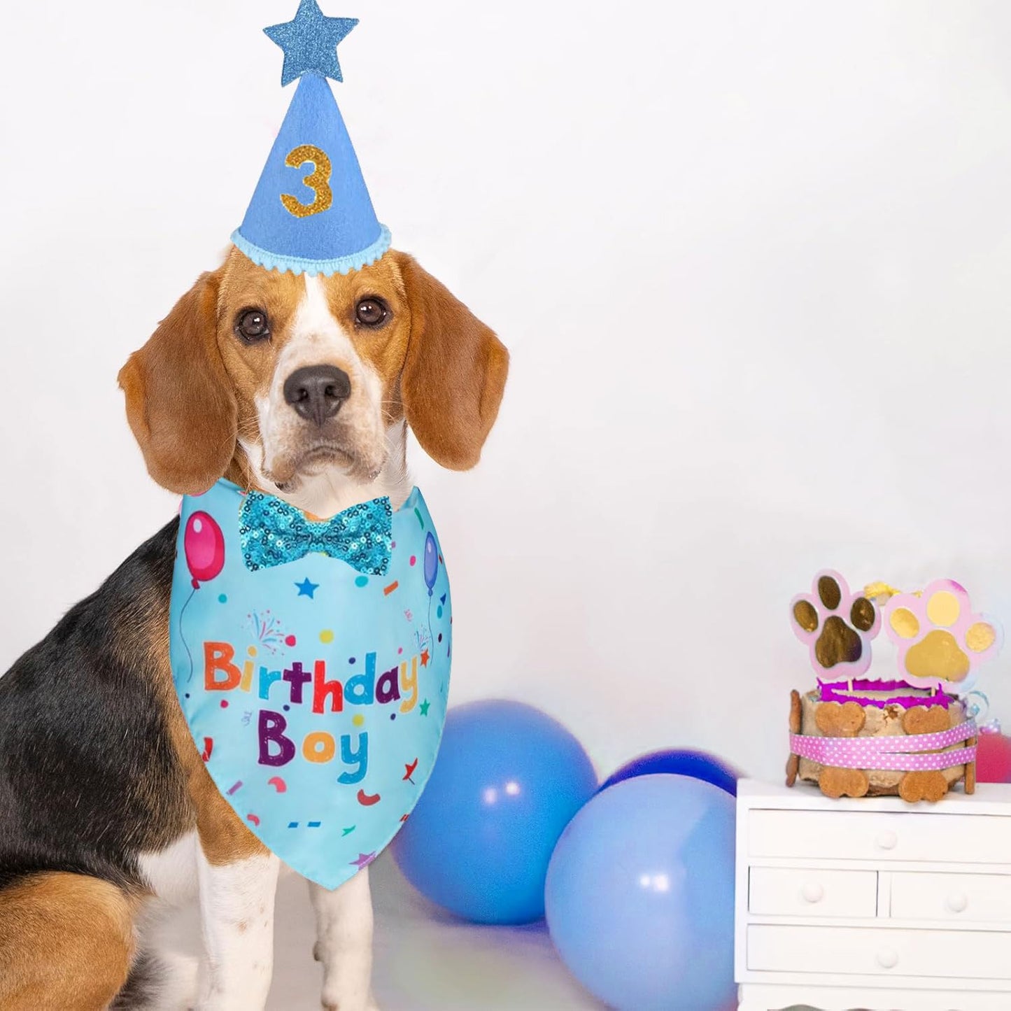 Dog Birthday Bandana Set, Dog Cat Birthday Party Supplies Boy Girl Birthday Party Hat Bow Tie Collar Set with Number for Large Medium Small Pet (Blue)