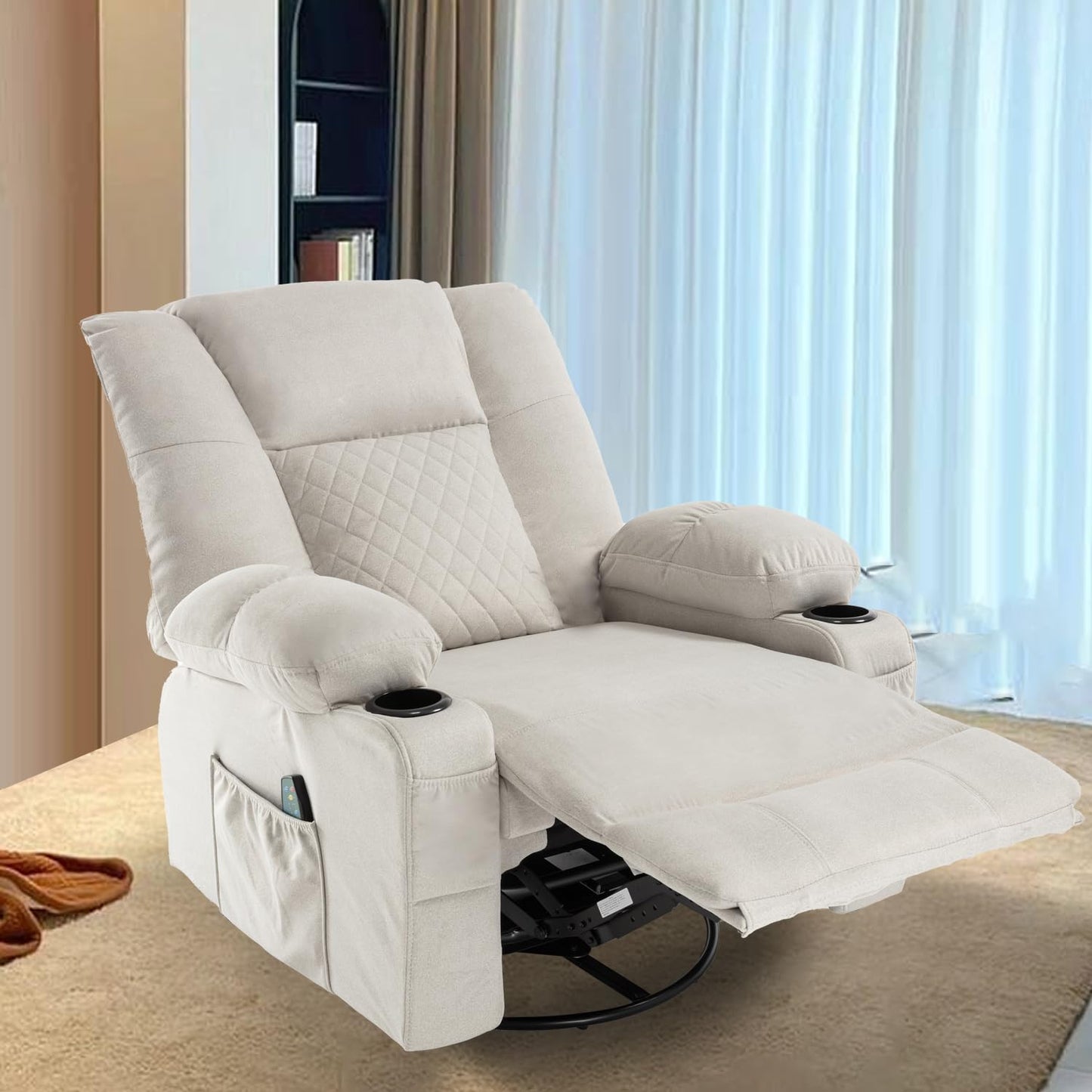 Swivel Recliner with Massage and Heat, Scratch-resistant Fabric Rocking Reclining Chairs for Adults, Overstuffed Recliners with Cup Holders, Modern Manual Rocker Recliner Chairs for Living Room, Beige