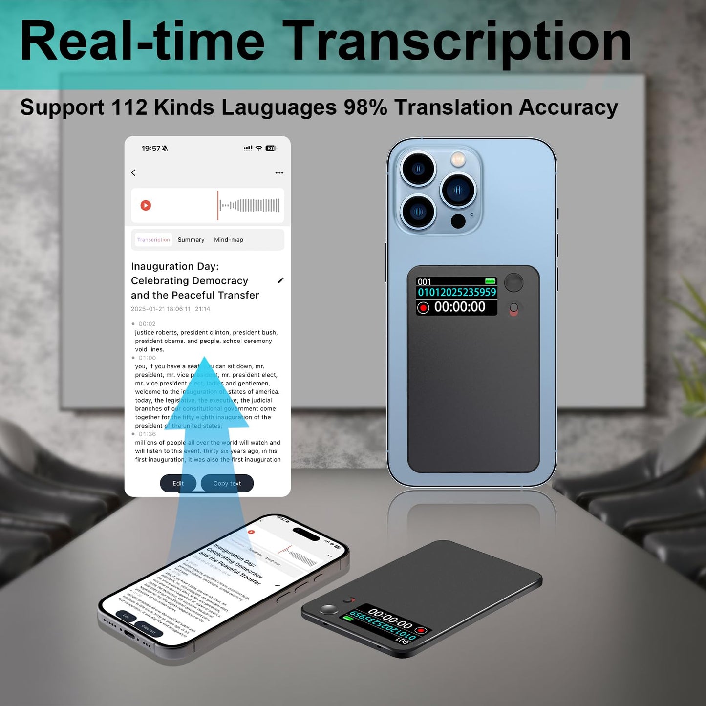AI Voice Recorder, Transcribe & Summarize by ChatGPT, APP Control, Support 112 Languages, 30H Recording Time, 64GB Memory, Audio Recorder for Lectures, Meetings, Calls