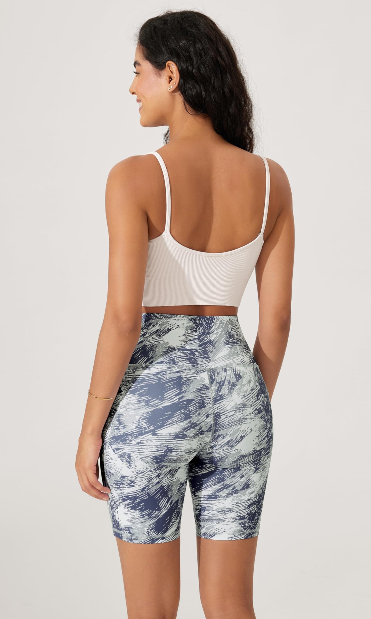 ODODOS 8" Tummy Control Biker Shorts for Women with Pockets High Waist Running Workout Athletic Yoga Shorts, Purple Gray Line, Large