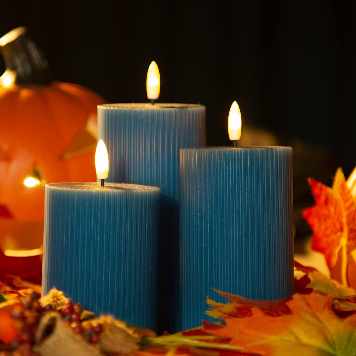 BEMOMENT LED Flickering Flameless Candles, Battery Operated LED Candles with10-Key Remote Control, Set of 3 (Dark Blue)