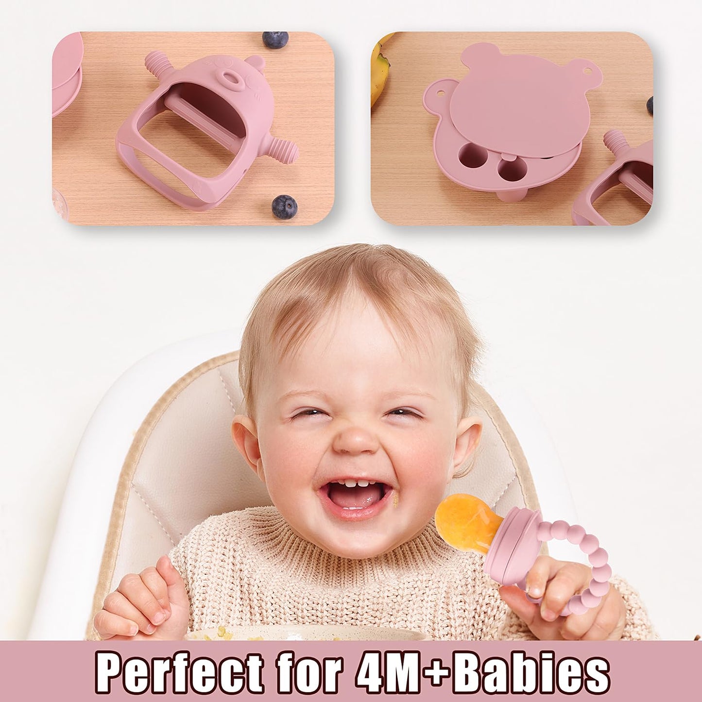 Baby Fruit Feeder Pacifier - 3 Pack | 1 Baby Food Feeder & 1 Baby Teether & 1 Baby Popsicle Molds | Breastmilk Popsicle molds | Baby Teething Toys | Baby Fruit Food Feeder Pacifier Babies (Blush)